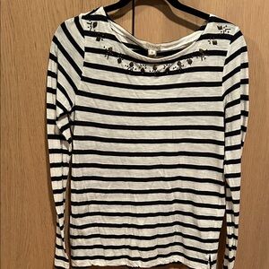 Jcrew Navy and White Striped Long Sleeve Top with embellished neckline